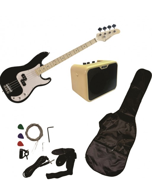  Paquete inicial de bajo eléctrico de tamaño completo con  amplificador, correa, funda, paquete color negro : Instrumentos Musicales