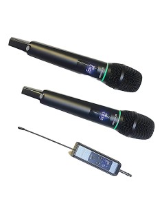 Set 2 Microfonos Dinamico Inalambricos Recargables G22B Negro y AroLed