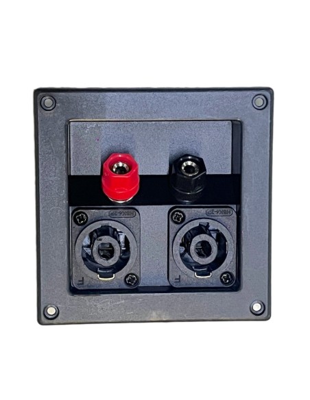 Conector Cuadrado de atornillar para Bafle con 2 terminales tipo Banana y 2  Speakon 8,9 x 8,9 cm